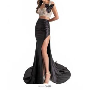 NEW RACHEL ALLAN one shoulder two-tone gown in black/nude